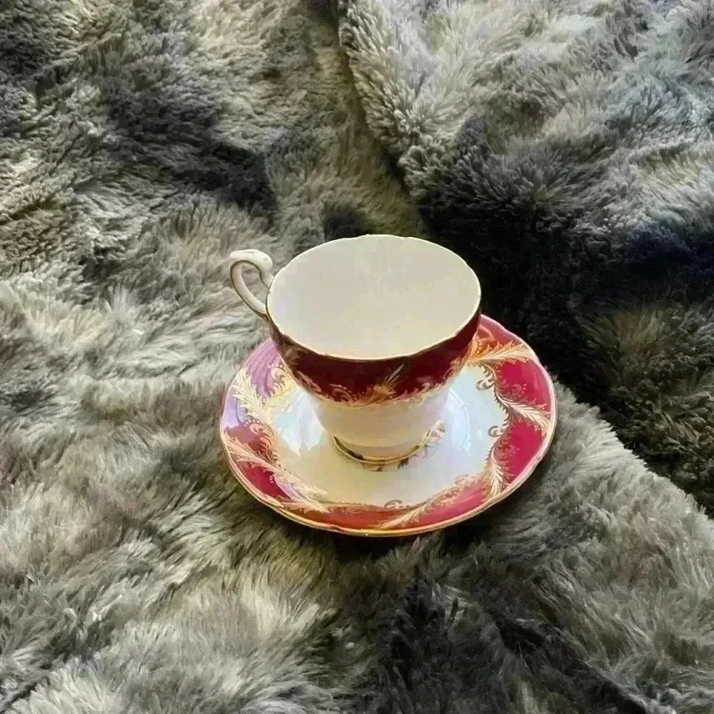 Red Paragon Tea  Cup And Saucer, Maroon red with flowers
